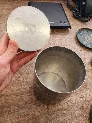 Lot 8 - A CHINESE PEWTER 'BAMBOO' TEA CADDY, LINER AND COVER.