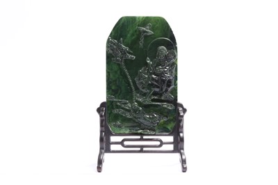 Lot 568 - A CHINESE SPINACH-GREEN JADE TABLE SCREEN.