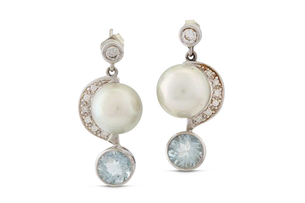 Lot 38 - A pair of aquamarine, cultured pearl and diamond earrings