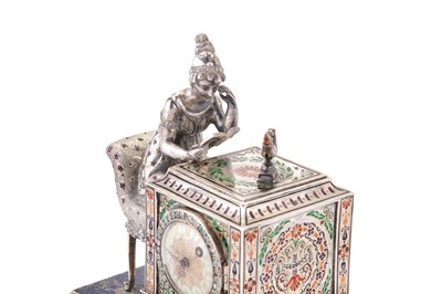 Lot 88 - An early 20th century Austrian unmarked silver and champlevé enamel figural table timepiece, probably Vienna circa 1910