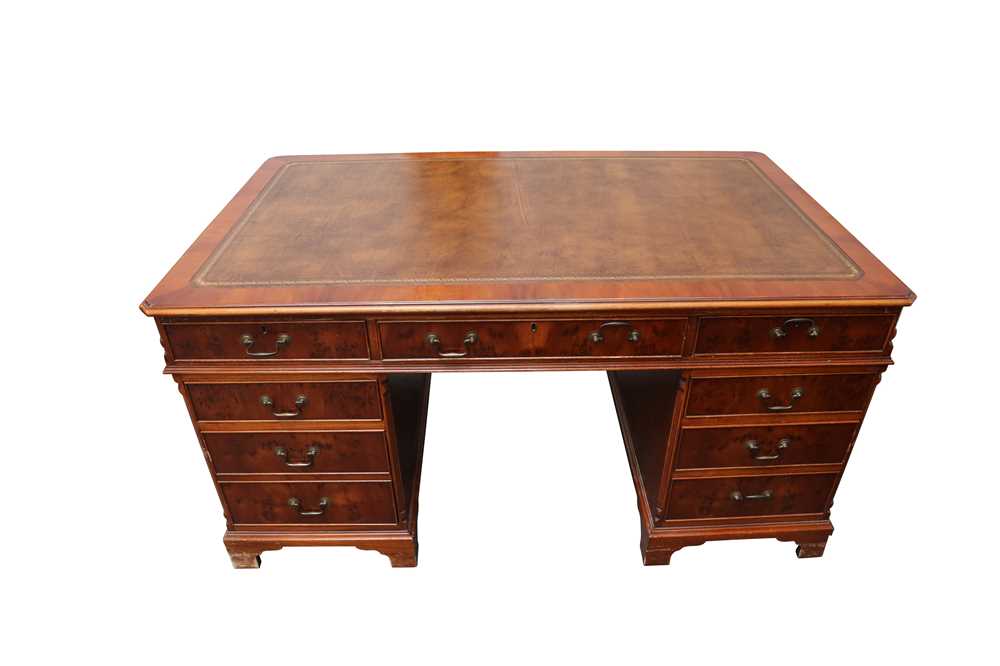 Lot 26 A YEW WOOD PEDESTAL DESK, LATE 20TH CENTURY