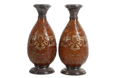 Lot 74 - A PAIR OF LATE 19TH CENTURY FRENCH SILVER MOUNTED GLASS VASES BY BURGUN, SCHVERER & CIE