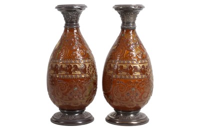 Lot 74 - A PAIR OF LATE 19TH CENTURY FRENCH SILVER MOUNTED GLASS VASES BY BURGUN, SCHVERER & CIE
