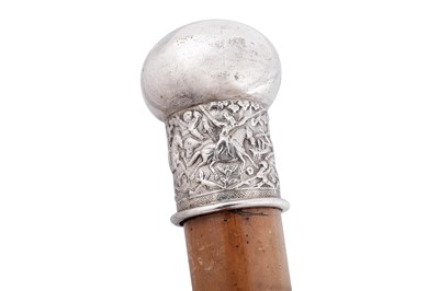 Lot 232 - A late 19th / early 20th century Chinese unmarked silver walking stick, probably Canton circa 1900