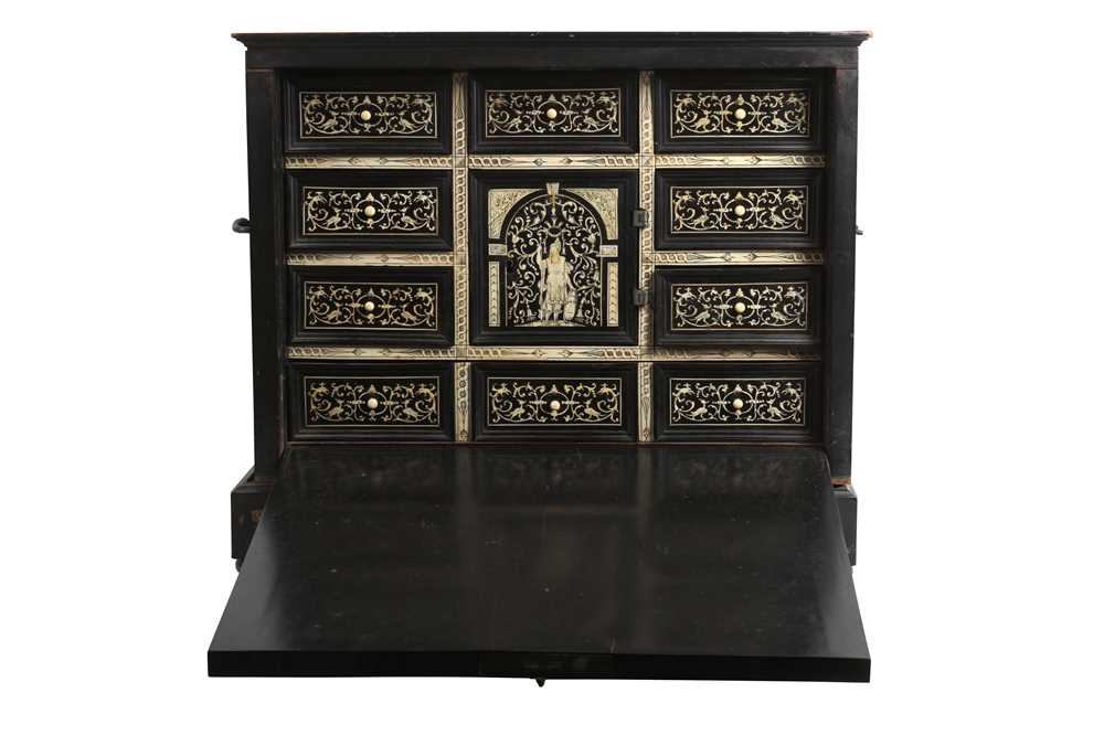 Lot 30 - MANNER OF F. POGLIANI (ITALIAN, 1832-1899): A LARGE 19TH CENTURY EBONISED AND IVORY MOUNTED TABLE CABINET