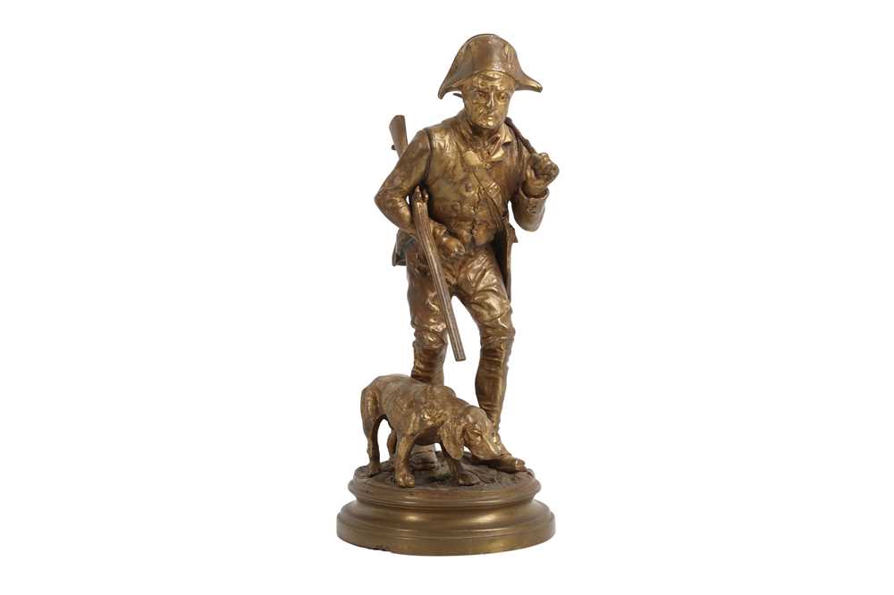 Lot 140 - ALFRED DUBUCAND (FRENCH, 1828-1924): A GILT BRONZE MODEL OF A HUNTER WITH HOUND