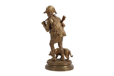Lot 140 - ALFRED DUBUCAND (FRENCH, 1828-1924): A GILT BRONZE MODEL OF A HUNTER WITH HOUND