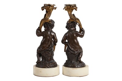 Lot 118 - A PAIR OF MID 19TH CENTURY FRENCH BRONZE AND ORMOLU CANDLESTICKS AFTER CLODION