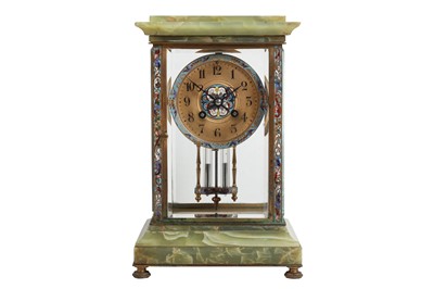 Lot 197 - A LATE 19TH CENTURY FRENCH CLOISONNE ENAMEL AND GILT BRASS FOUR GLASS MANTEL CLOCK