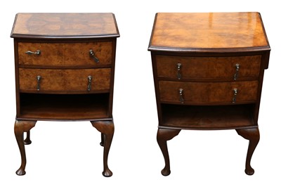 Lot 40 - A PAIR OF BOWFRONT WALNUT BEDSIDE CABINETS, 20TH CENTURY