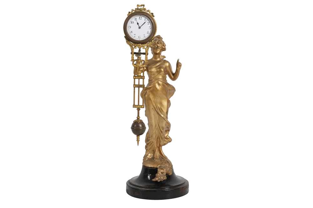Lot 208 - AN EARLY 20TH CENTURY GILT SPELTER FIGURAL SWINGING PENDULUM CLOCK BY JUNGHANS
