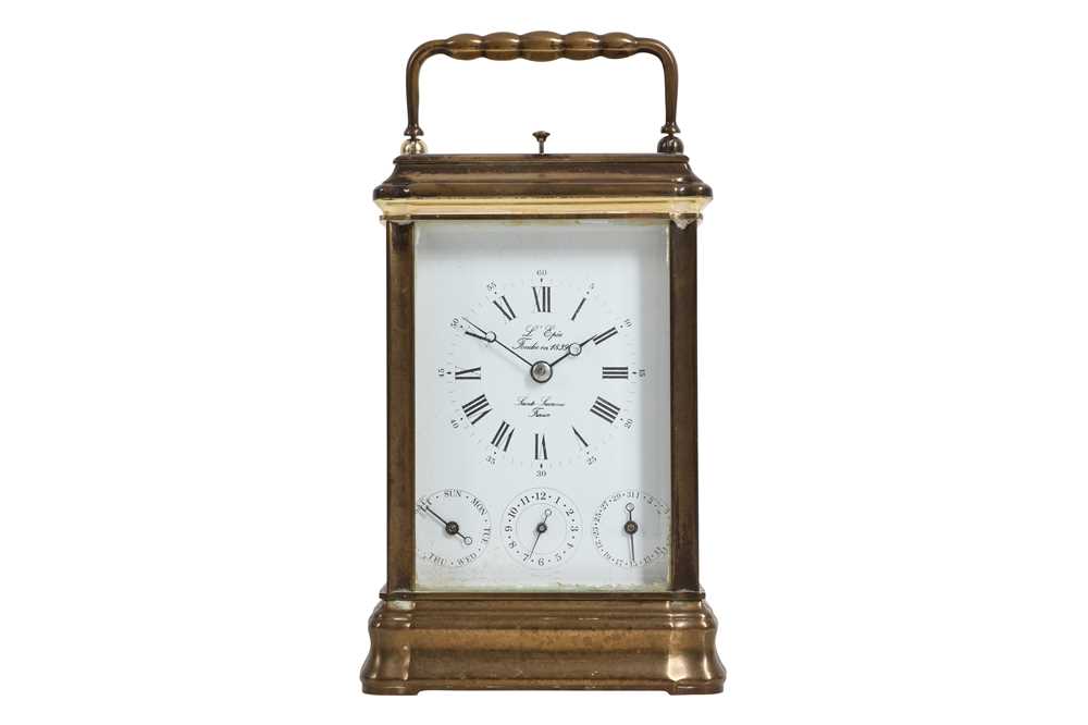 Lot 215 - A 20TH CENTURY BRASS CARRIAGE CLOCK WITH CALENDAR AND ALARM BY L'EPEE