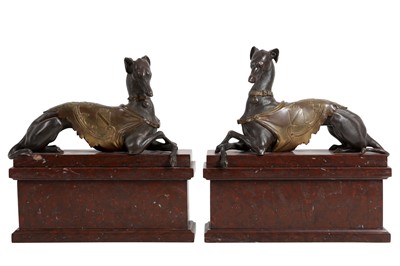 Lot 47 - A PAIR OF LATE 18TH CENTURY ITALIAN BRONZE MODELS OF GREYHOUNDS WITH THE SAN VITALE CREST