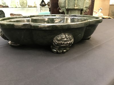 Lot 633 - A LARGE CHINESE SPINACH-GREEN JADE QUATREFOIL JARDINIERE.