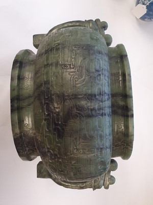 Lot 100 - A MASSIVE CHINESE GREEN JADE ARCHAISTIC VASE.