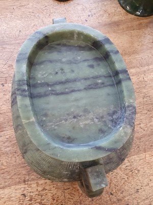 Lot 631 - A MASSIVE CHINESE GREEN JADE ARCHAISTIC VASE.