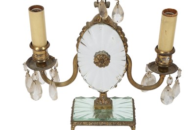 Lot 124 - A PAIR OF TWO BRANCH BRASS AND GLASS CANDELABRA, IN THE MANNER OF MAISON BAGUES