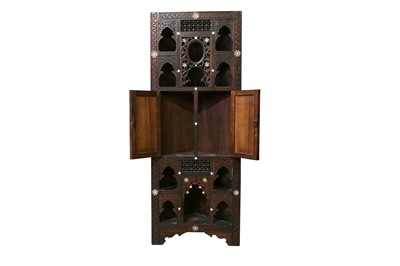 Lot 258 - λ A CARVED HARDWOOD MOTHER-OF-PEARL AND BONE-INLAID CORNER CUPBOARD