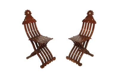 Lot 256 - λ A PAIR OF HARDWOOD MOTHER-OF-PEARL-INLAID FOLDABLE CHAIRS