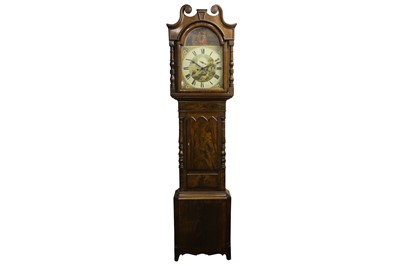 Lot 222 - A 19TH CENTURY MAHOGANY LONGCASE CLOCK WITH PAINTED DIAL SIGNED HENRY ARMSTRONG, LOUGHBOROUGH