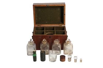 Lot 336 - A 19TH CENTURY MAHOGANY APOTHECARY BOX WITH GLASS BOTTLES