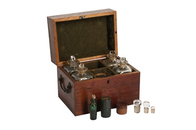 Lot 336 - A 19TH CENTURY MAHOGANY APOTHECARY BOX WITH GLASS BOTTLES