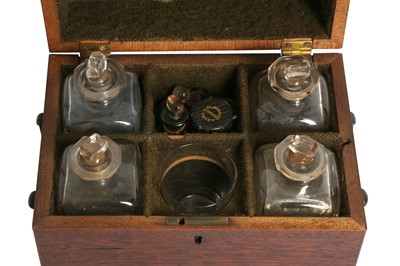 Lot 336 - A 19TH CENTURY MAHOGANY APOTHECARY BOX WITH GLASS BOTTLES