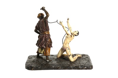 Lot 1042 - FRANZ BERGMAN (IN THE MANNER OF) A COLD PAINTED BRONZE MODEL OF A SLAVE TRADER AND NUDE SLAVE