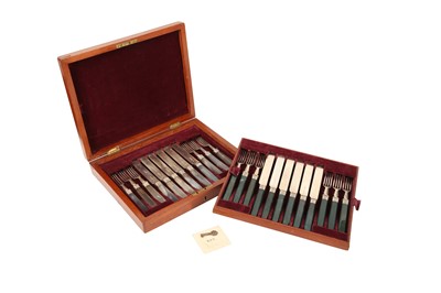 Lot 337 - A SET OF TWELVE VICTORIAN SILVER, BLOODSTONE AND AGATE HANDLED DESSERT KNIVES AND FORKS, LONDON 1889 BY WILLIAM HUTTON AND SONS