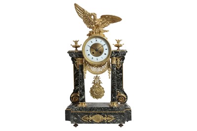 Lot 196 - A LATE 19TH CENTURY FRENCH GILT BRONZE AND MARBLE EMPIRE STYLE PORTICO CLOCK