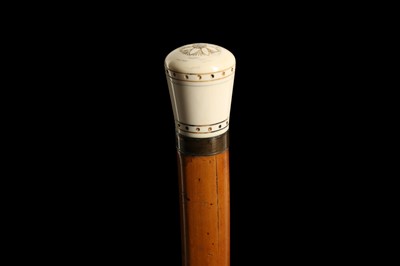 Lot 341 - A 19TH CENTURY MALACCA AND IVORY MOUNTED CANE WITH CONCEALED PEN AND INK POT