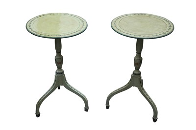 Lot 339 - A PAIR OF GREEN PAINTED GEORGE III STYLE TRIPOD TABLES, 20TH CENTURY