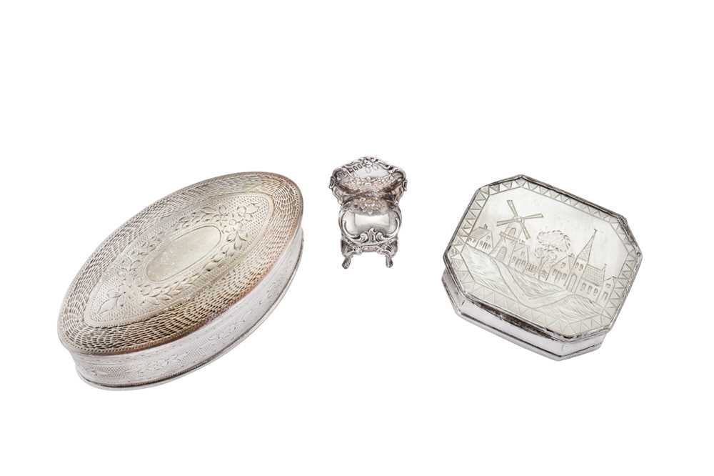 Lot 8 - A mixed group including a mid-18th century Dutch unmarked silver and mother of pearl snuff box, circa 1760