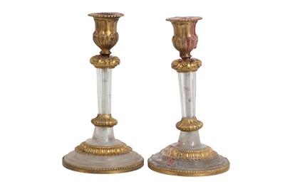 Lot 108 - A PAIR OF 19TH CENTURY FRENCH ROCK CRYSTAL AND ORMOLU MOUNTED CANDLESTICKS