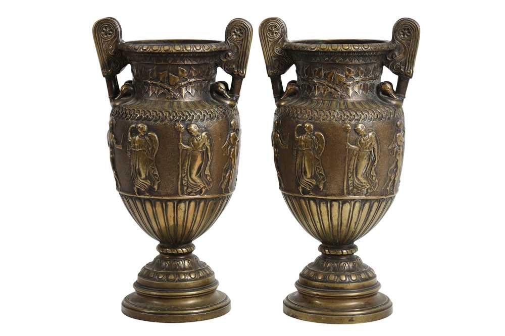 Lot 119 - A PAIR OF 19TH CENTURY BRONZE NEO-CLASSICAL STYLE URN VASES