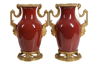Lot 95 - A PAIR OF LATE  19TH  CENTURY SANG DE BOEUF CHINESE PORCELAIN AND GILT BRONZE MOUNTED VASES