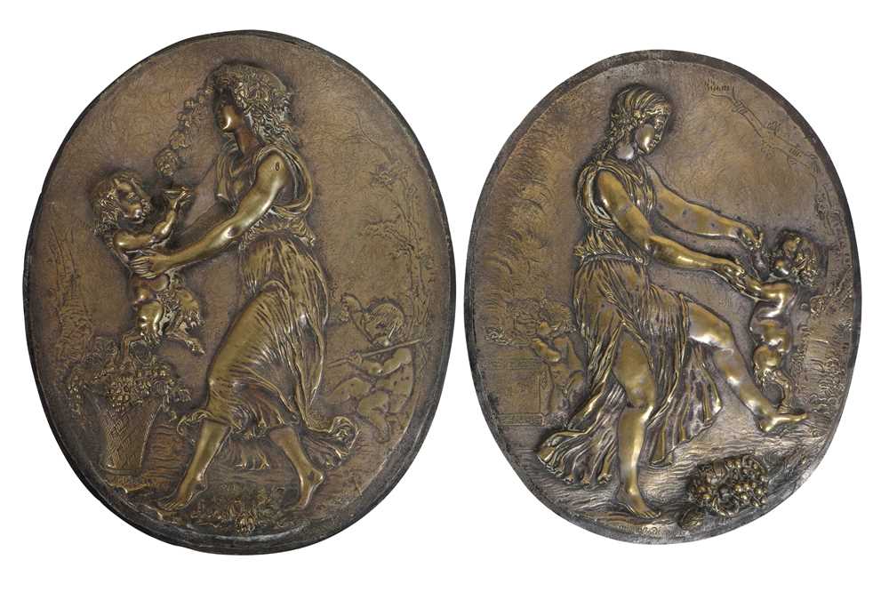 Lot 120 - A PAIR OF 19TH CENTURY FRENCH BRONZE RELIEFS OF DANCING MAIDENS AFTER CLODION