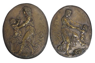 Lot 120 - A PAIR OF 19TH CENTURY FRENCH BRONZE RELIEFS OF DANCING MAIDENS AFTER CLODION