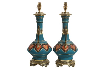 Lot 96 - A PAIR OF LATE 19TH CENTURY CERAMIC AND BRONZE MOUNTED AESTHETIC STYLE LAMP BASES