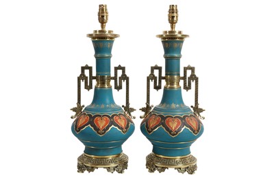 Lot 96 - A PAIR OF LATE 19TH CENTURY CERAMIC AND BRONZE MOUNTED AESTHETIC STYLE LAMP BASES
