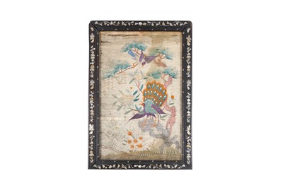 Lot 101 - A CHINESE EMBROIDERED 'BIRDS AND FLOWERS' TEXTILE PANEL.