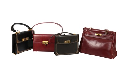 Lot 197 - A COLLECTION OF VINTAGE BAGS INCLUDING A VINTAGE HERMES BURGUNDY LEATHER KELLY 35