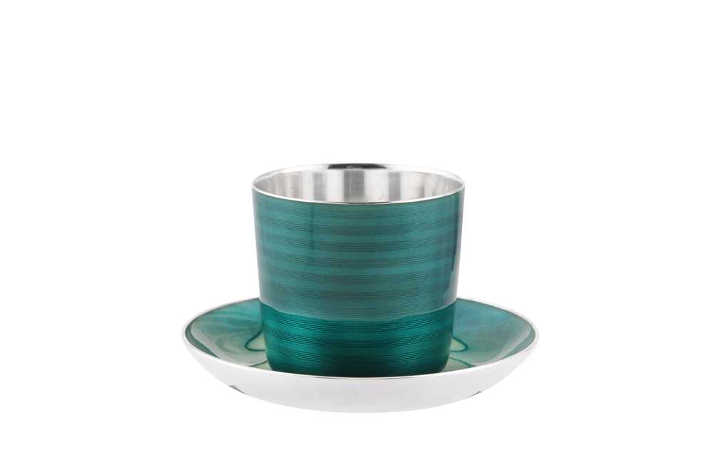 Lot 85 - Royal – A mid-20th century Norwegian guilloche enamel sterling silver beaker and stand, Oslo circa 1966 by David Anderson