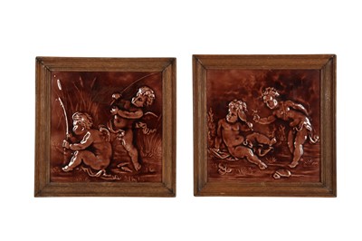 Lot 374 - A PAIR OF STEELE AND WOOD MAJOLICA POTTERY TILES, LATE 19TH/EARLY 20TH CENTURY