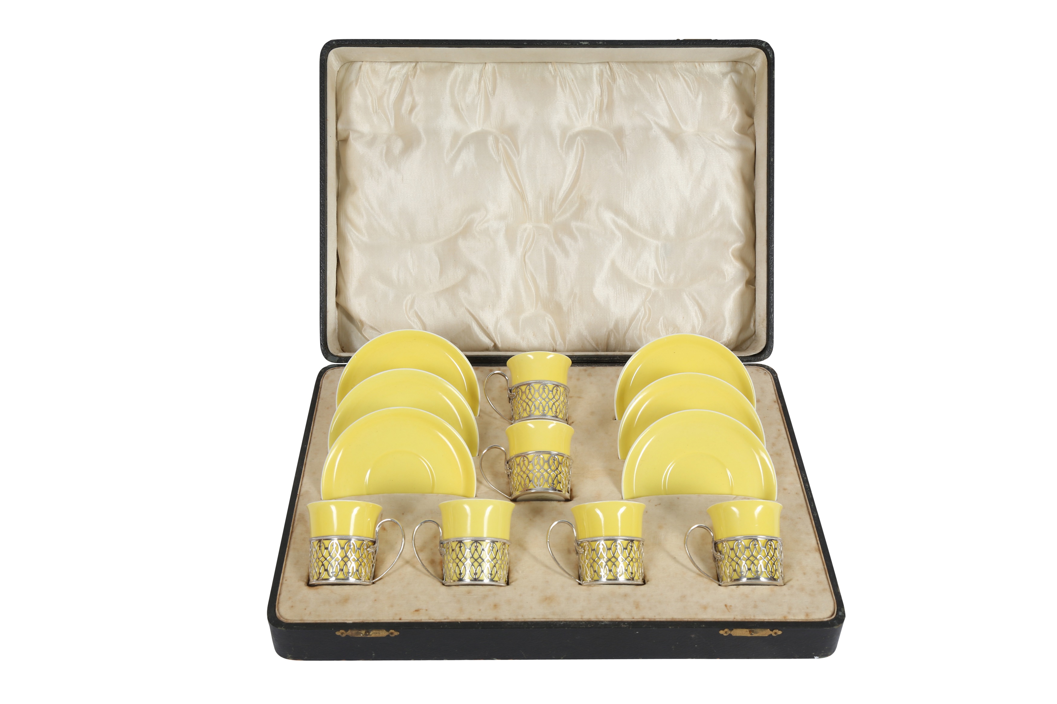 Lot 375 A SHELLEY YELLOW GLAZED PORCELAIN AND SILVER