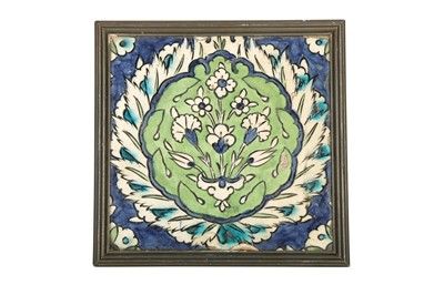 Lot 63 - A DAMASCUS POTTERY TILE WITH CENTRAL VEGETAL MEDALLION