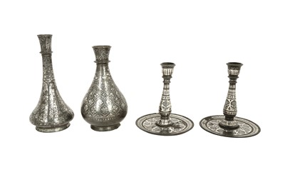 Lot 176 - A PAIR OF BIDRI SILVER-INLAID CANDLESTICKS AND TWO VASES
