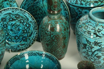 Lot 100 - A GROUP OF TWENTY-ONE BLACK-PAINTED AND TURQUOISE-GLAZED KUBACHI-STYLE POTTERY VESSELS