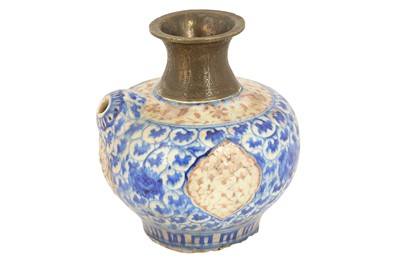 Lot 70 - A SAFAVID RED AND BLUE KIRMAN POTTERY QALYAN BASE (WATER PIPE)