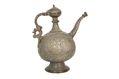 Lot 204 - A SILVER-OVERLAID COPPER ALLOY CEREMONIAL EWER WITH PARADE AND HUNTING SCENES